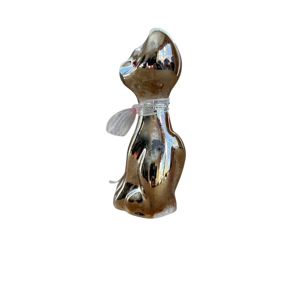 Vintage MCM‎ Chrome Cat Figurine Red Rhinestone Eyes Made in Japan